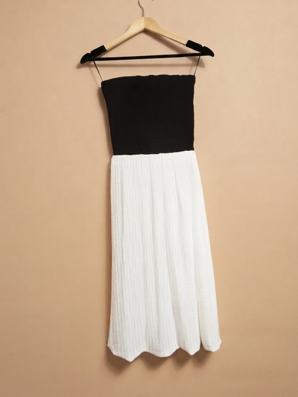 Black and White Strapless Midi Dress - Minimalist Two-Tone Design